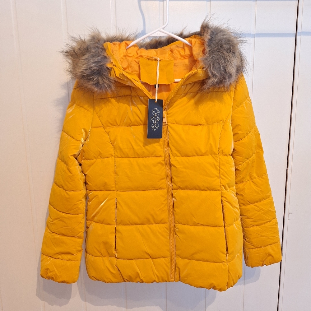 NWT Bellivera Womens Yellow Puffer Jacket Faux Fur Hood Water Resistant Size M